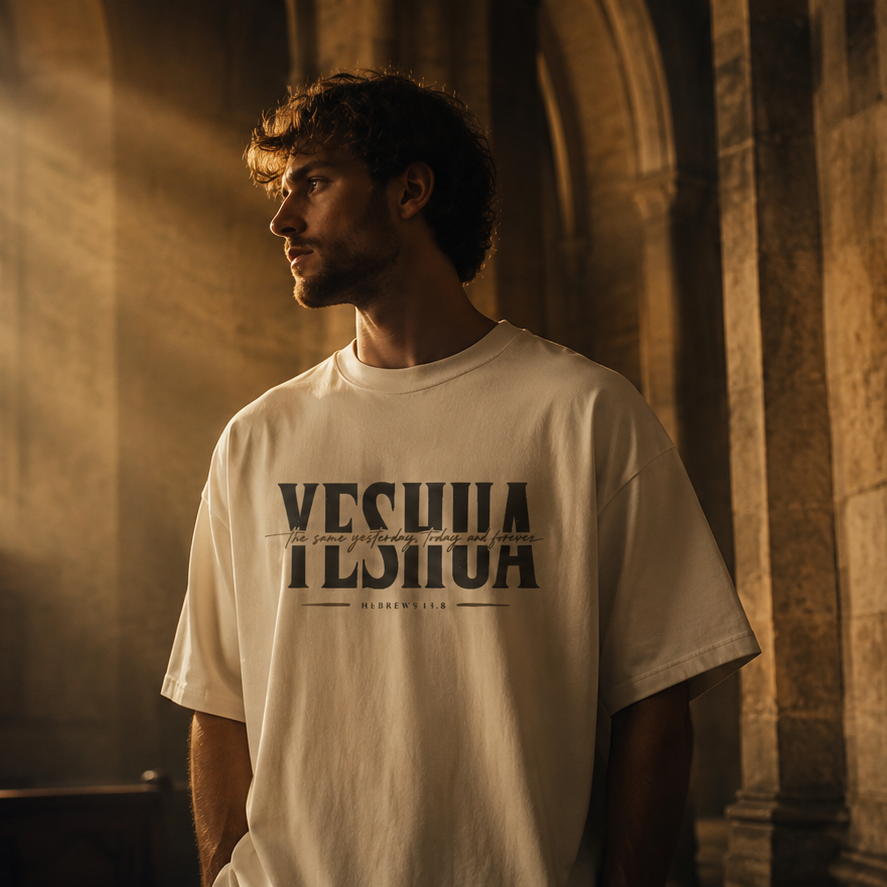 Camisa Yeshua em catedral com feixe de luz